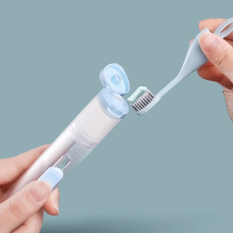 Portable 3-in-1 Travel Toothbrush with Built-in Toothpaste Tube and Case – Extra Soft Bristles