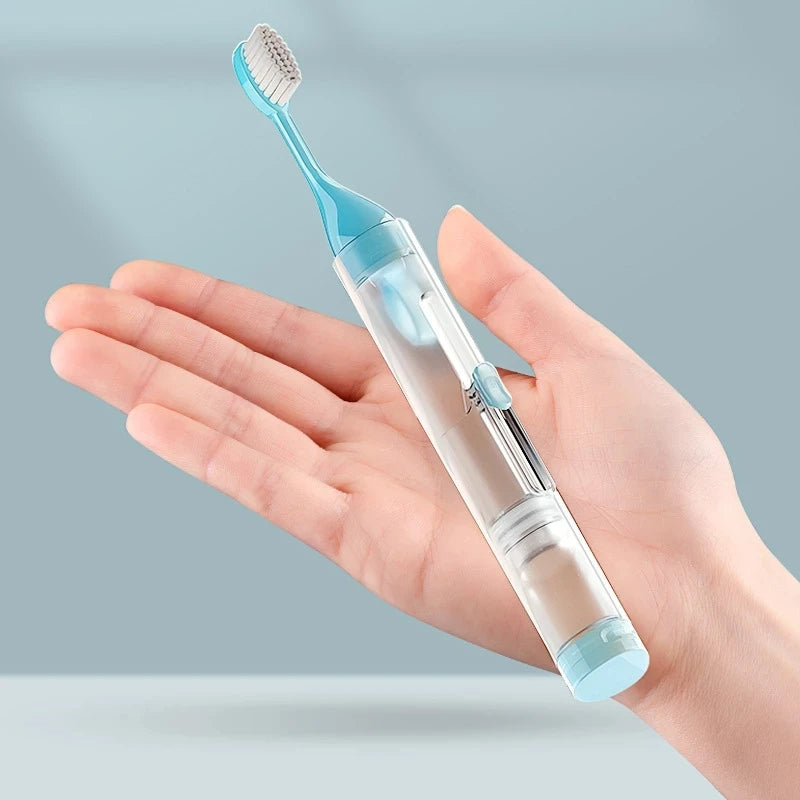Portable 3-in-1 Travel Toothbrush with Built-in Toothpaste Tube and Case – Extra Soft Bristles