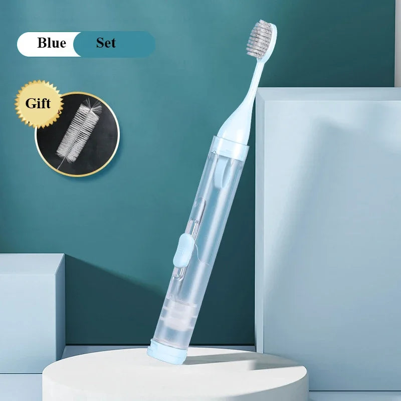 Portable 3-in-1 Travel Toothbrush with Built-in Toothpaste Tube and Case – Extra Soft Bristles